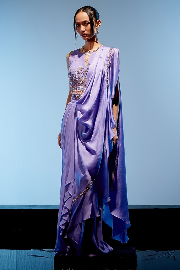 Lilac Georgette & Satin Organza Hand Embroidered Pre-Draped Wedding Saree Set by Miku Kumar at Pernia's Pop Up Shop