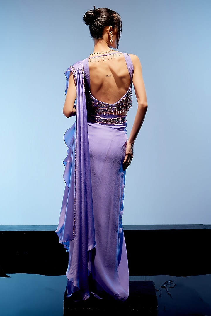 Lilac Georgette & Satin Organza Hand Embroidered Pre-Draped Wedding Saree Set by Miku Kumar at Pernia's Pop Up Shop