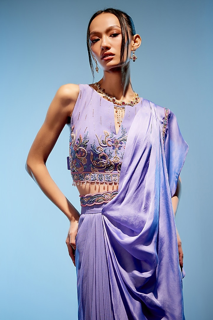 Lilac Georgette & Satin Organza Hand Embroidered Pre-Draped Wedding Saree Set by Miku Kumar at Pernia's Pop Up Shop