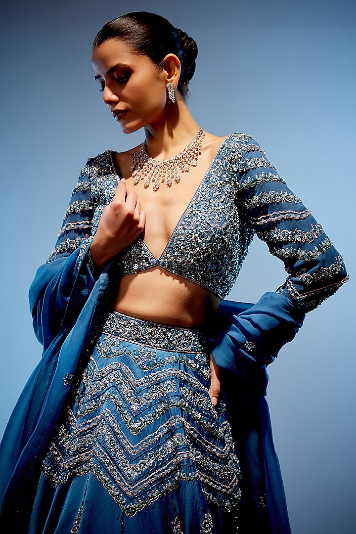 Marine Blue Georgette Hand Embroidered Bridal Lehenga Set by Miku Kumar at Pernia's Pop Up Shop