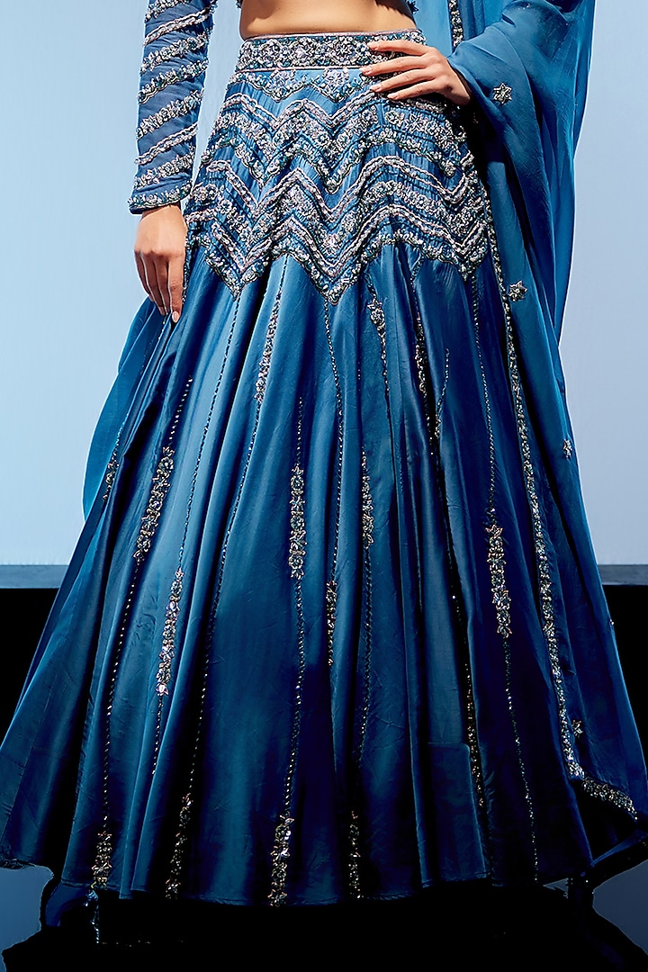 Marine Blue Georgette Hand Embroidered Bridal Lehenga Set by Miku Kumar at Pernia's Pop Up Shop