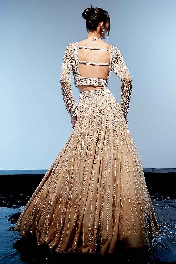 Ivory Georgette Hand Embroidered Bridal Lehenga Set by Miku Kumar at Pernia's Pop Up Shop