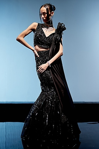 Black Satin Organza Hand Embroidered Fish-Cut Lehenga Set by Miku Kumar
