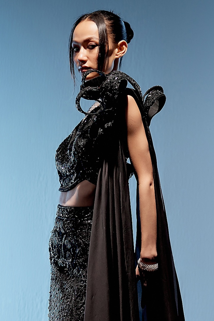 Black Satin Organza Hand Embroidered Fish-Cut Wedding Lehenga Set by Miku Kumar at Pernia's Pop Up Shop