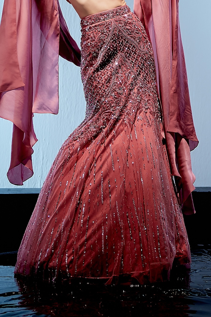 Astro Nut Satin Organza Hand Embroidered Fish-Cut Wedding Lehenga Set by Miku Kumar at Pernia's Pop Up Shop