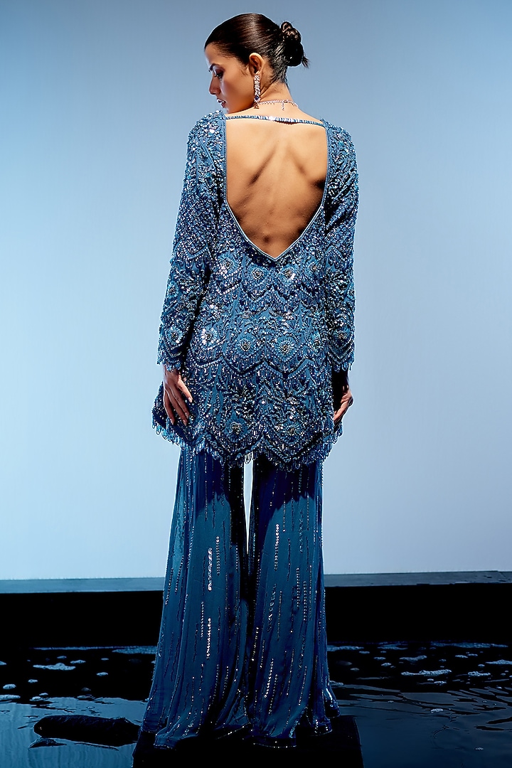 Marine Blue Georgette & Organza Bridal Sharara Set by Miku Kumar at Pernia's Pop Up Shop