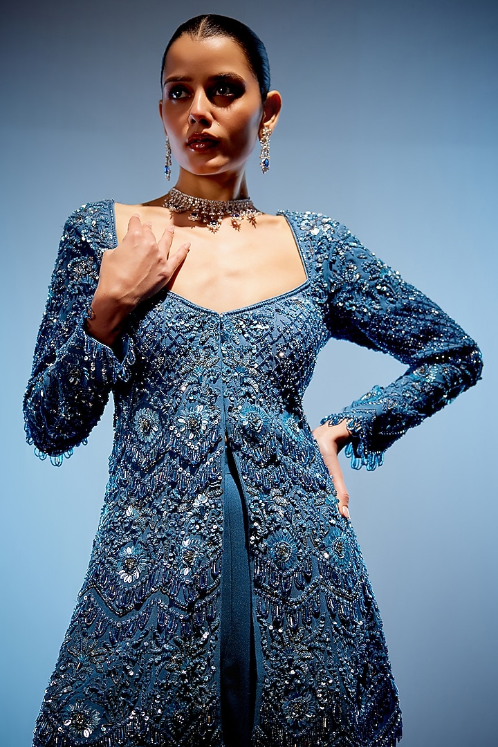 Marine Blue Georgette & Organza Bridal Sharara Set by Miku Kumar at Pernia's Pop Up Shop