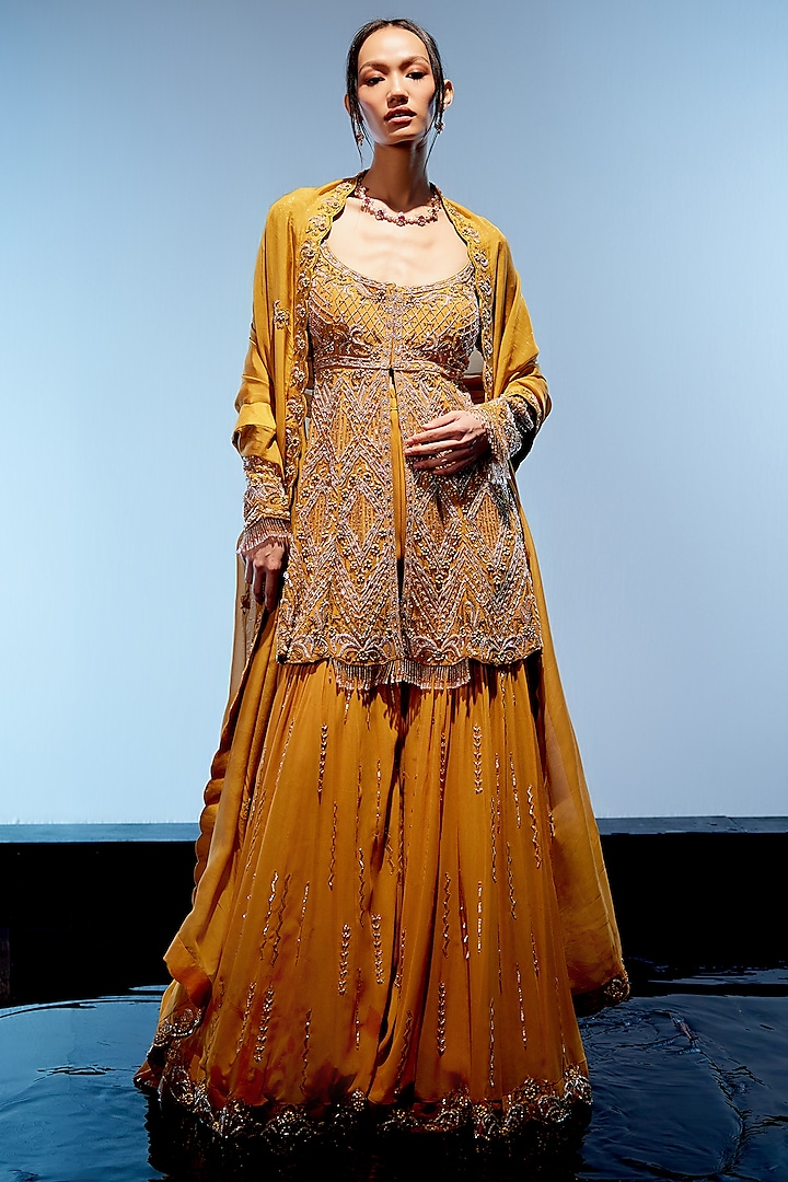 Burnt Orange Georgette & Organza Sharara Set by Miku Kumar at Pernia's Pop Up Shop