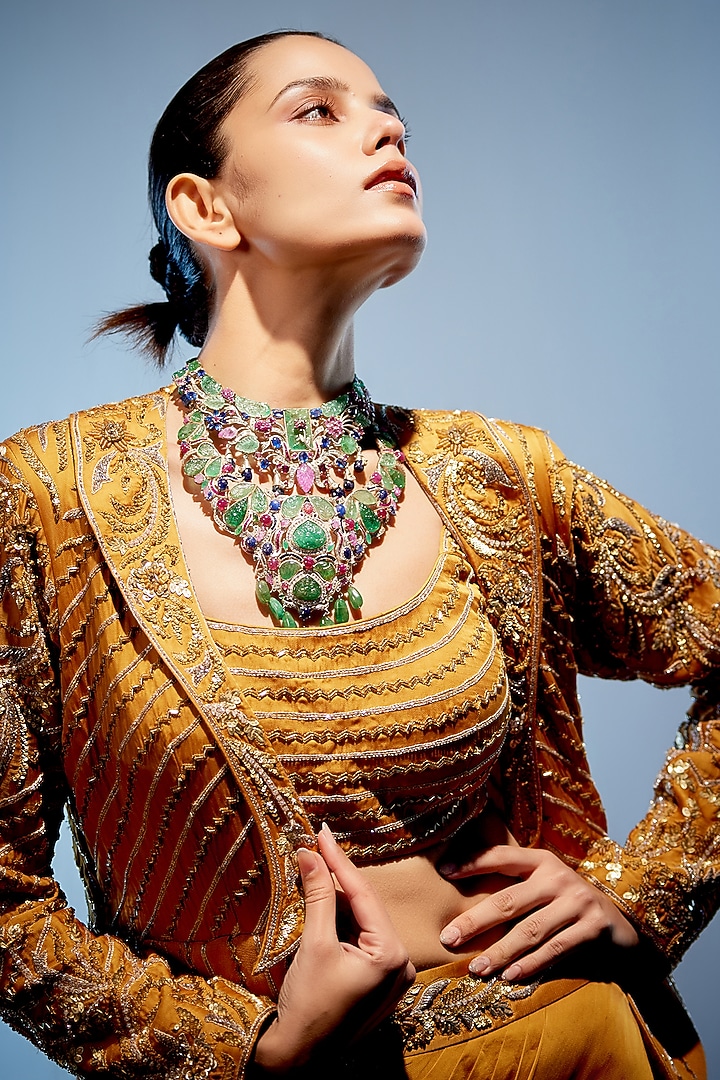 Burnt Orange Satin Organza Hand Embroidered Jacket Bridal Lehenga Set by Miku Kumar at Pernia's Pop Up Shop