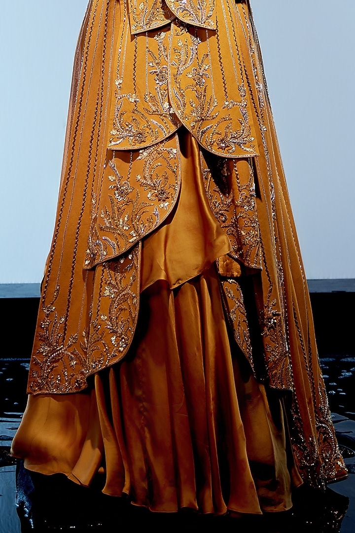 Burnt Orange Satin Organza Hand Embroidered Jacket Bridal Lehenga Set by Miku Kumar at Pernia's Pop Up Shop