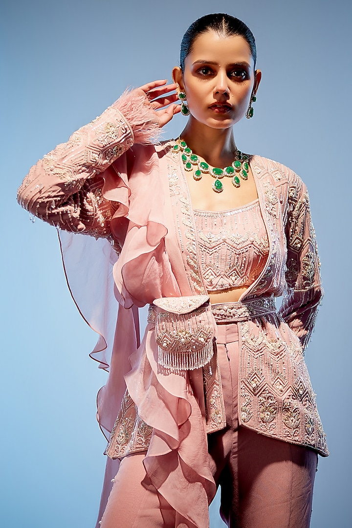 Peach Pink Georgette & Satin Organza Wedding Sharara Set by Miku Kumar at Pernia's Pop Up Shop