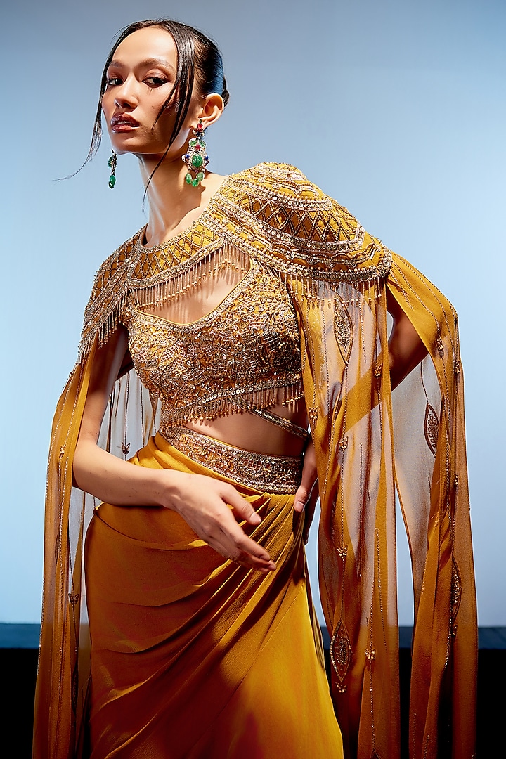 Burnt Orange Georgette Hand Embroidered Skirt Set by Miku Kumar at Pernia's Pop Up Shop