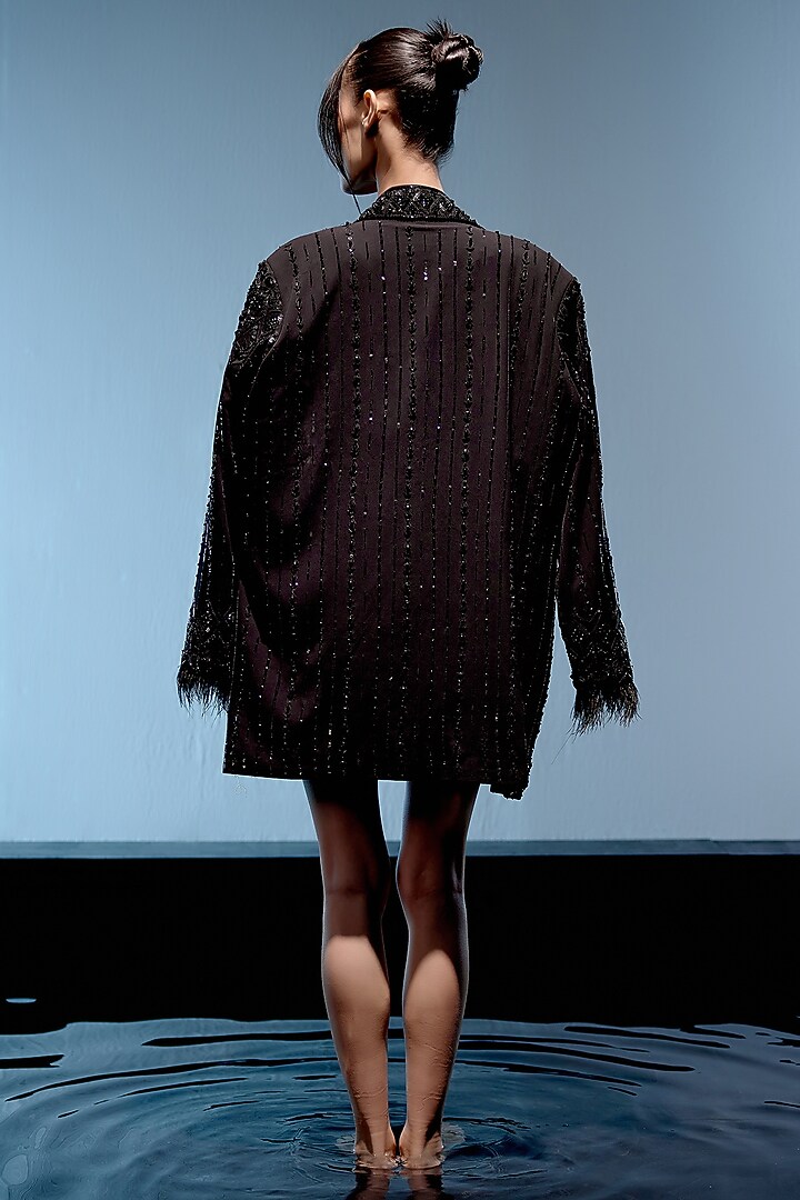 Black Georgette Hand Embroidered Mini Party Wear Dress With Jacket by Miku Kumar at Pernia's Pop Up Shop