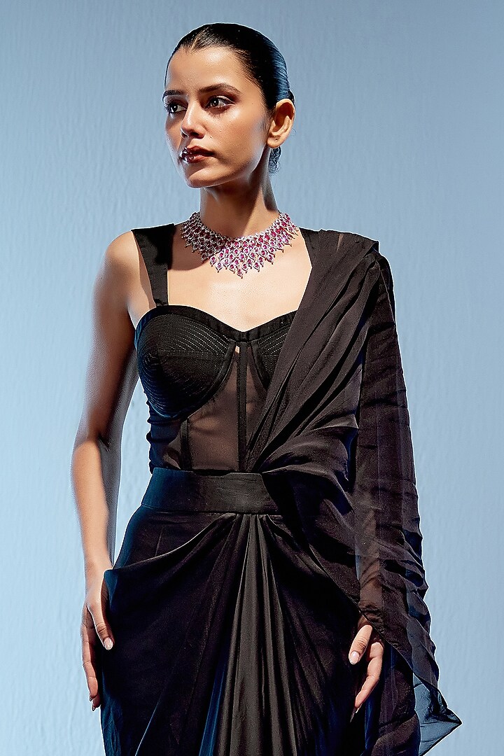 Black Satin Organza Pre-Draped Wedding Saree Set by Miku Kumar at Pernia's Pop Up Shop