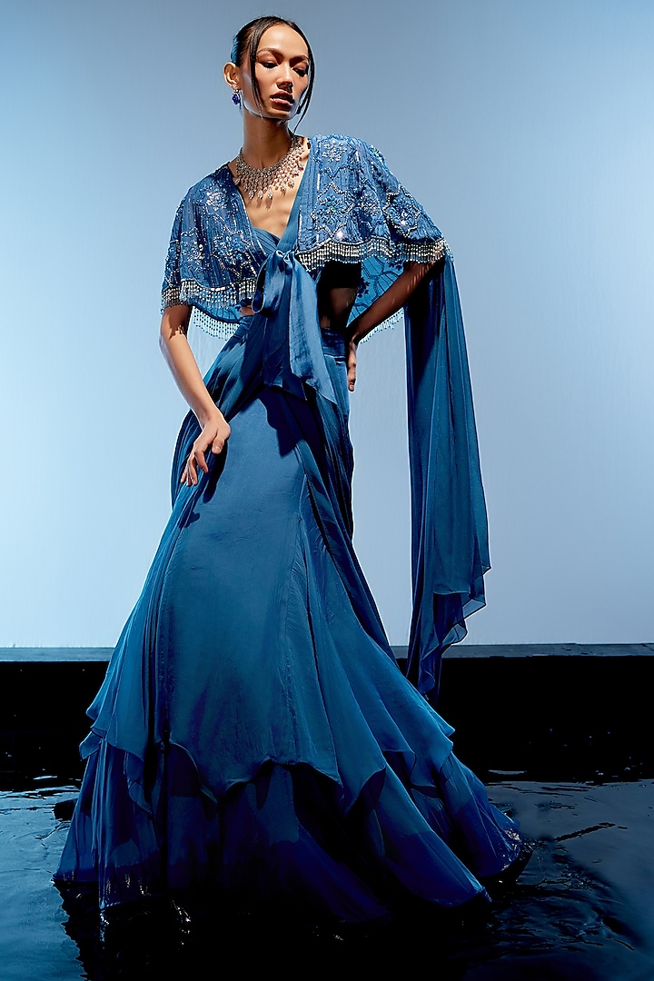 Marine Blue Organza Hand Embroidered Draped Lehenga Saree Set by Miku Kumar