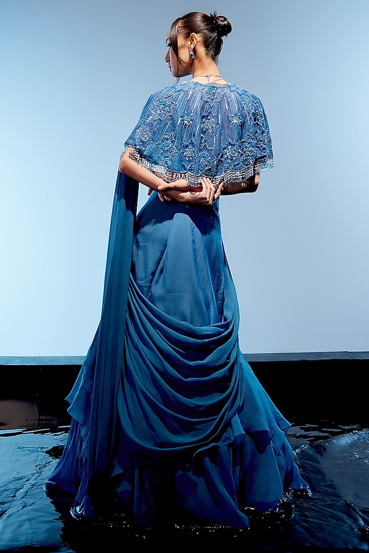 Marine Blue Organza Hand Embroidered Draped Wedding Lehenga Saree Set by Miku Kumar at Pernia's Pop Up Shop