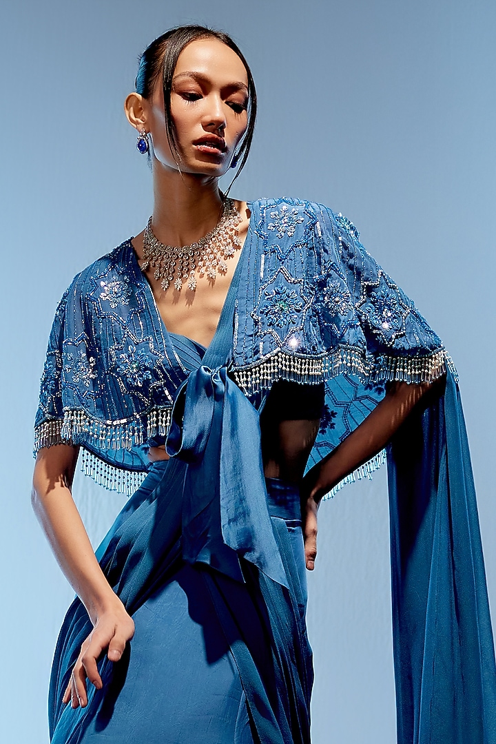 Marine Blue Organza Hand Embroidered Draped Wedding Lehenga Saree Set by Miku Kumar at Pernia's Pop Up Shop