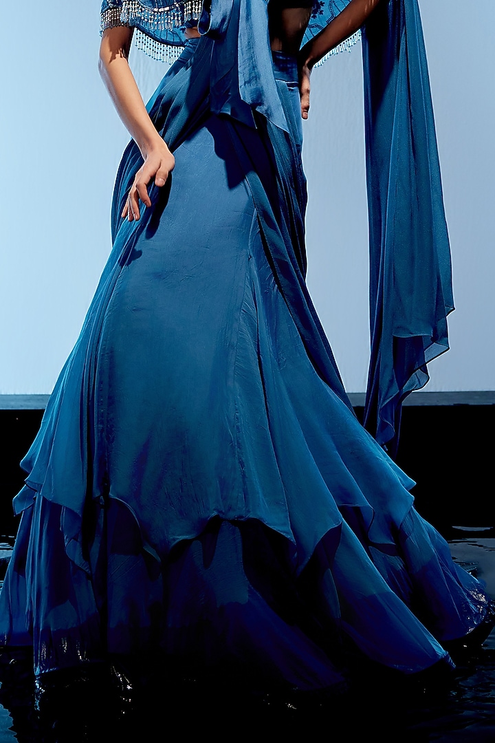 Marine Blue Organza Hand Embroidered Draped Wedding Lehenga Saree Set by Miku Kumar at Pernia's Pop Up Shop
