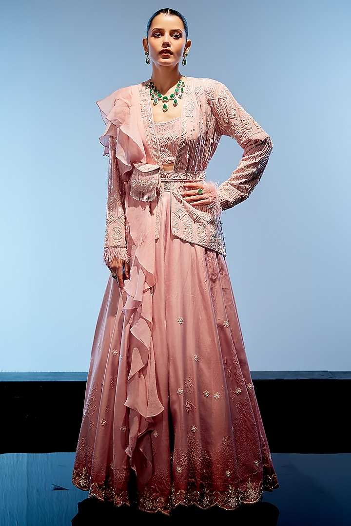 Peach Pink Satin Organza Hand Embroidered Jacket Wedding Lehenga Set by Miku Kumar at Pernia's Pop Up Shop