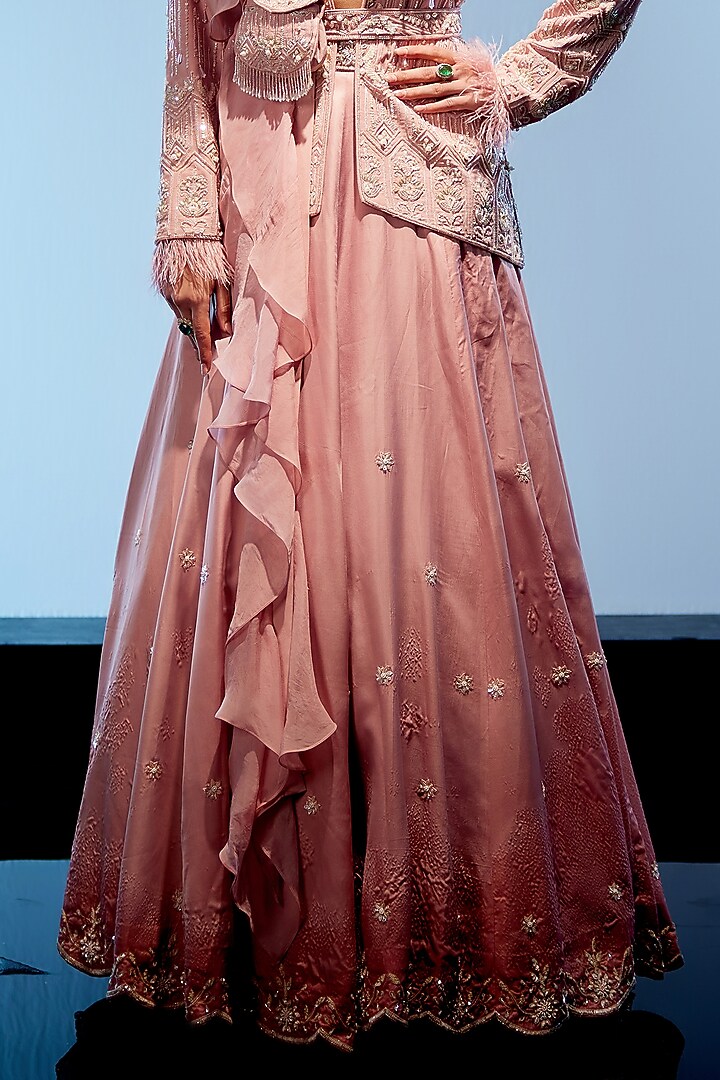 Peach Pink Satin Organza Hand Embroidered Jacket Wedding Lehenga Set by Miku Kumar at Pernia's Pop Up Shop