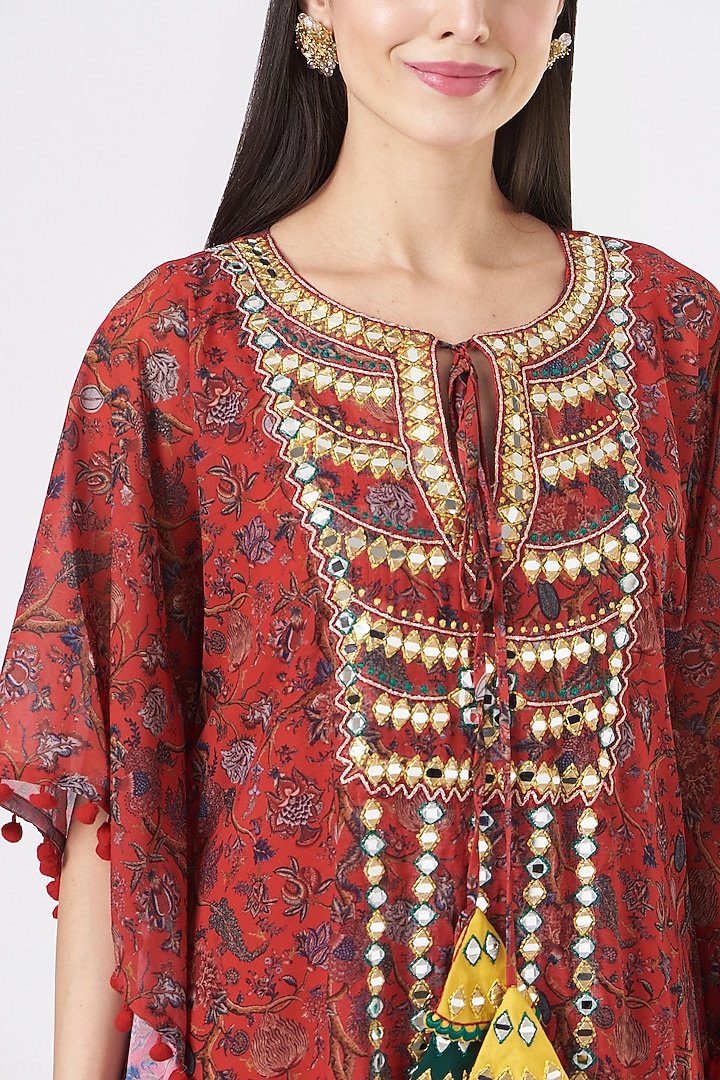Red Georgette Embroidered Kaftan Set by Miku Kumar at Pernia's Pop Up Shop