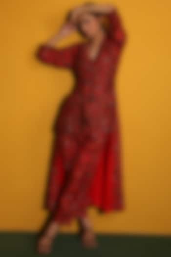 Red Chanderi High-Low Jacket Set  by Miku Kumar