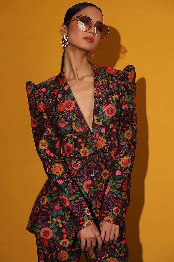 Purple Chanderi Silk Floral Printed Jacket Set by Miku Kumar at Pernia's Pop Up Shop