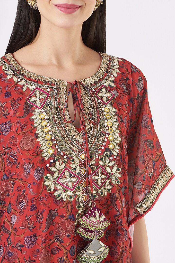 Red Gota Embroidered Kaftan Set by Miku Kumar at Pernia's Pop Up Shop