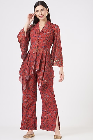 Red Georgette Printed Jacket Set by Miku Kumar