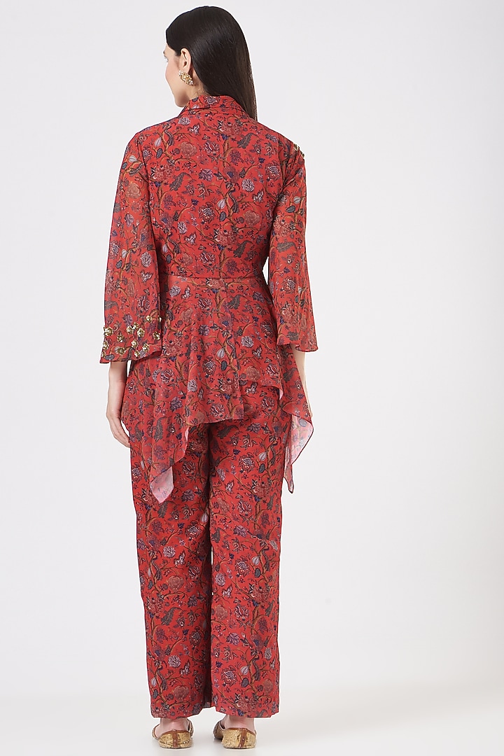 Red Georgette Printed Jacket Set by Miku Kumar at Pernia's Pop Up Shop