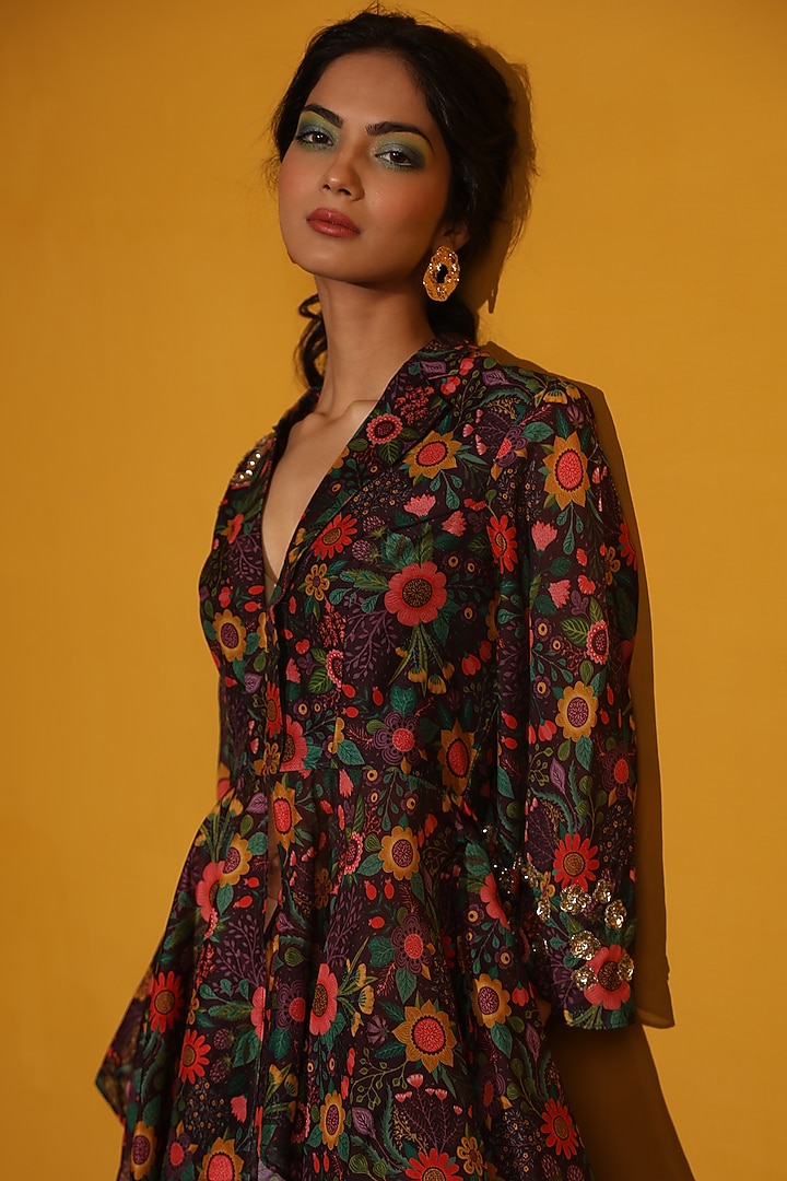 Purple Georgette Printed Jacket Set by Miku Kumar at Pernia's Pop Up Shop
