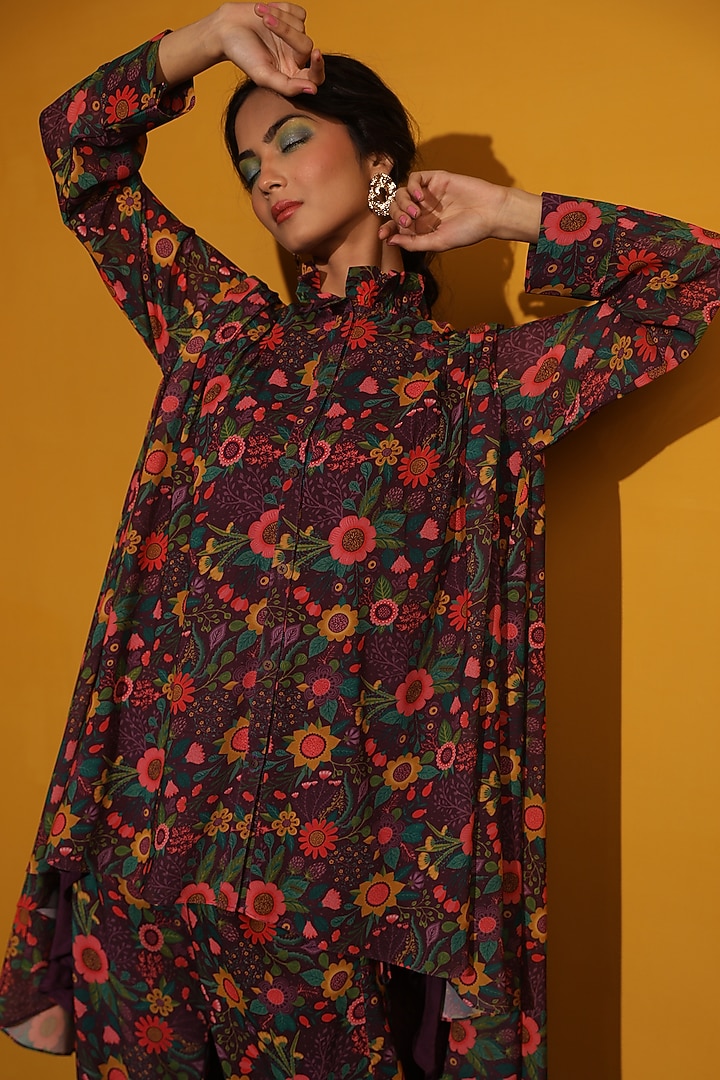 Purple Floral Printed Jacket Set  by Miku Kumar at Pernia's Pop Up Shop