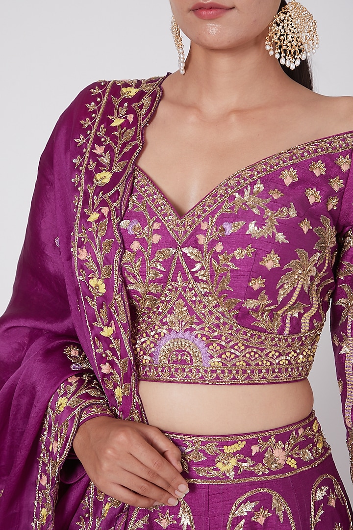 Purple Hand Embroidered Bridal Lehenga Set by Miku Kumar at Pernia's Pop Up Shop