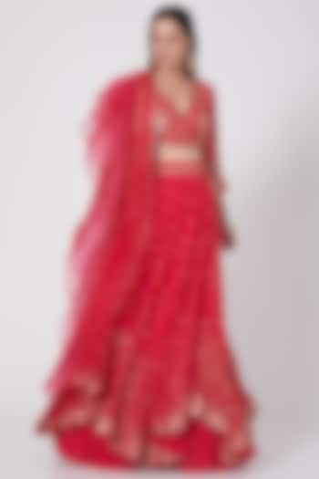 Red Embroidered Handcrafted High-Low Wedding Lehenga Set by Miku Kumar at Pernia's Pop Up Shop