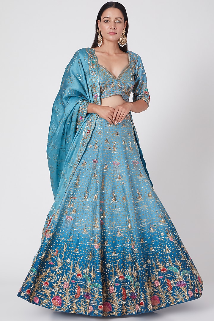 Blue Ombre Embroidered Bridal Lehenga Set by Miku Kumar at Pernia's Pop Up Shop