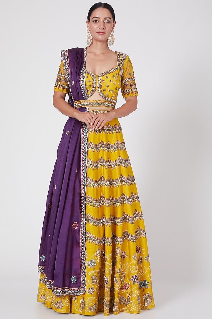 Yellow Hand Embroidered Bridal Lehenga Set by Miku Kumar at Pernia's Pop Up Shop