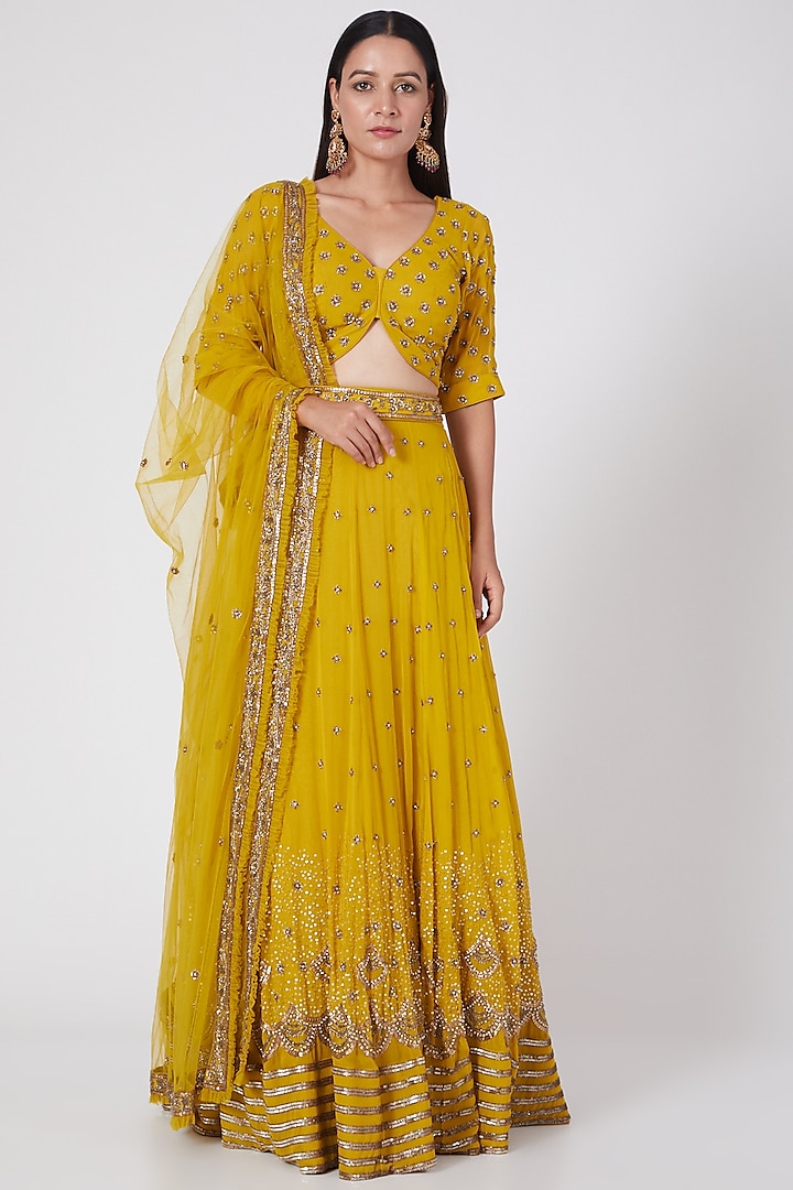 Yellow Georgette Hand Embroidered Lehenga Set by Miku Kumar