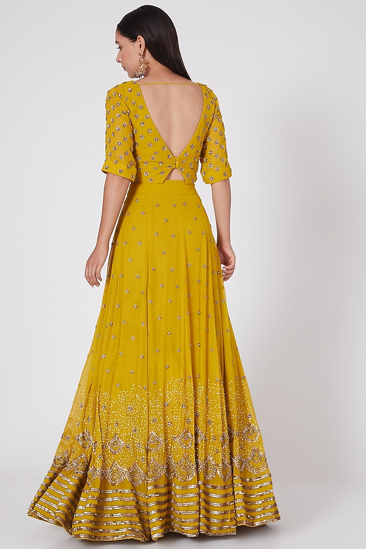Yellow Georgette Hand Embroidered Wedding Lehenga Set by Miku Kumar at Pernia's Pop Up Shop