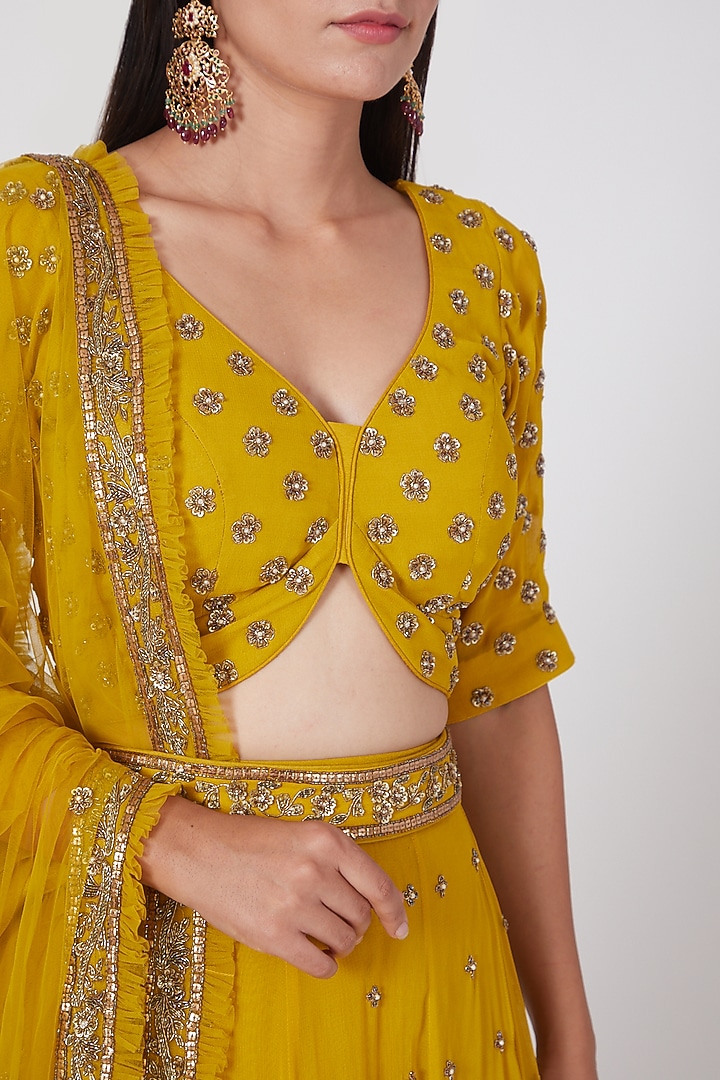 Yellow Georgette Hand Embroidered Wedding Lehenga Set by Miku Kumar at Pernia's Pop Up Shop