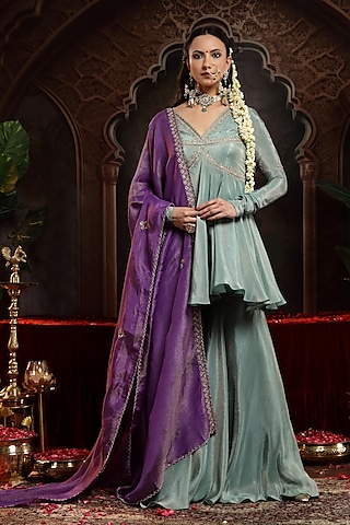 Sea Green Tissue Organza Sharara Set by Miku Kumar