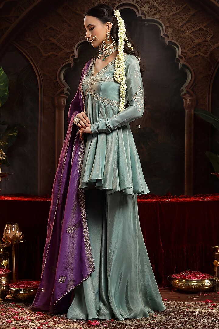 Sea Green Tissue Organza Wedding Sharara Set by Miku Kumar at Pernia's Pop Up Shop