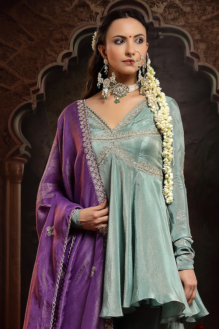 Sea Green Tissue Organza Wedding Sharara Set by Miku Kumar at Pernia's Pop Up Shop