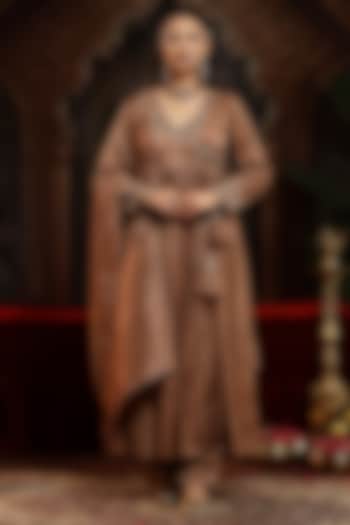 Copper Brown Tissue Organza Zardosi Embroidered Short Wedding Anarkali Set by Miku Kumar at Pernia's Pop Up Shop