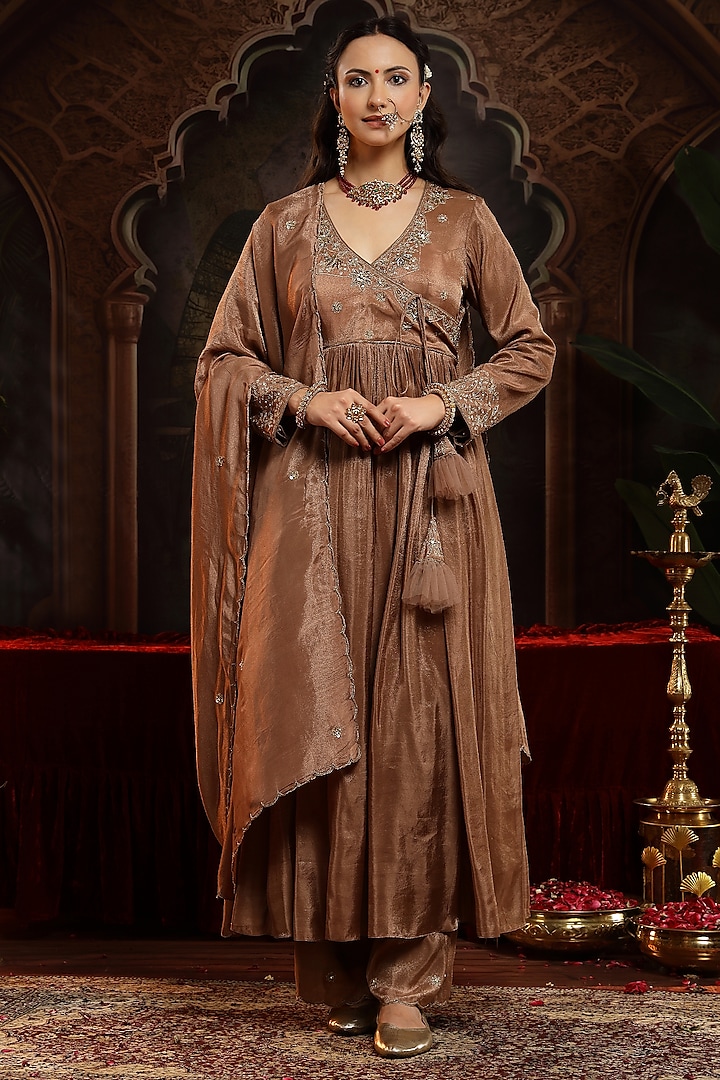 Copper Brown Tissue Organza Zardosi Embroidered Short Wedding Anarkali Set by Miku Kumar at Pernia's Pop Up Shop