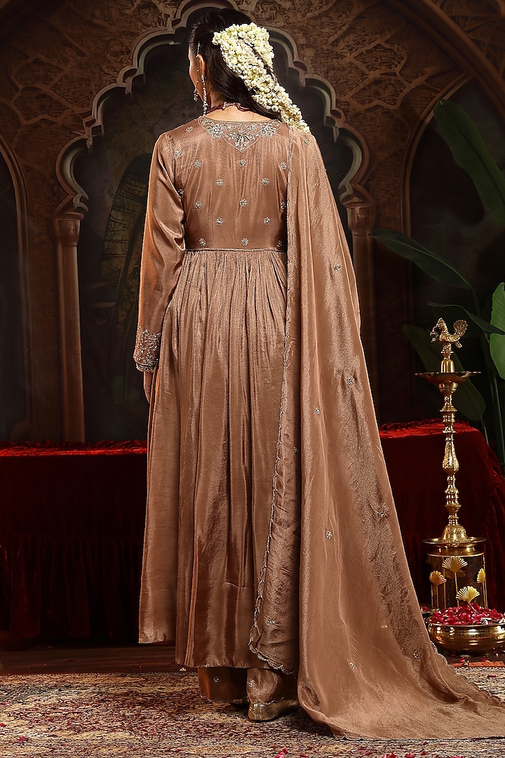 Copper Brown Tissue Organza Zardosi Embroidered Short Wedding Anarkali Set by Miku Kumar at Pernia's Pop Up Shop