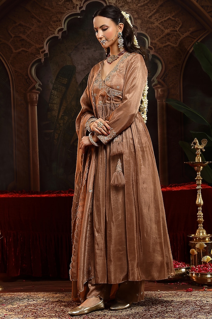 Copper Brown Tissue Organza Zardosi Embroidered Short Wedding Anarkali Set by Miku Kumar at Pernia's Pop Up Shop