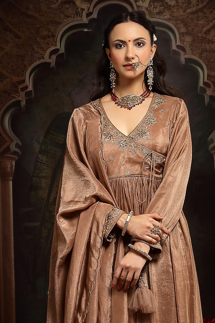 Copper Brown Tissue Organza Zardosi Embroidered Short Wedding Anarkali Set by Miku Kumar at Pernia's Pop Up Shop
