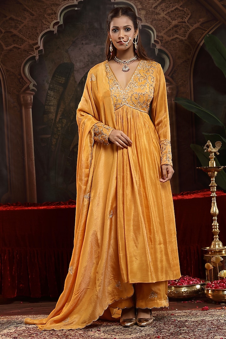 Mustard Tissue Organza Zardosi Embroidered Wedding Anarkali Set by Miku Kumar at Pernia's Pop Up Shop