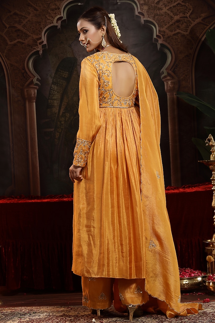 Mustard Tissue Organza Zardosi Embroidered Wedding Anarkali Set by Miku Kumar at Pernia's Pop Up Shop