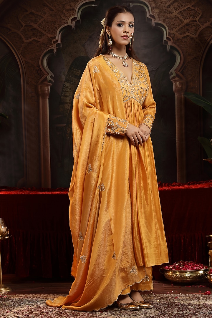 Mustard Tissue Organza Zardosi Embroidered Wedding Anarkali Set by Miku Kumar at Pernia's Pop Up Shop